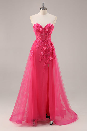 Sparkly Fuchsia Corset Strapless Long Formal Dress with Appliques